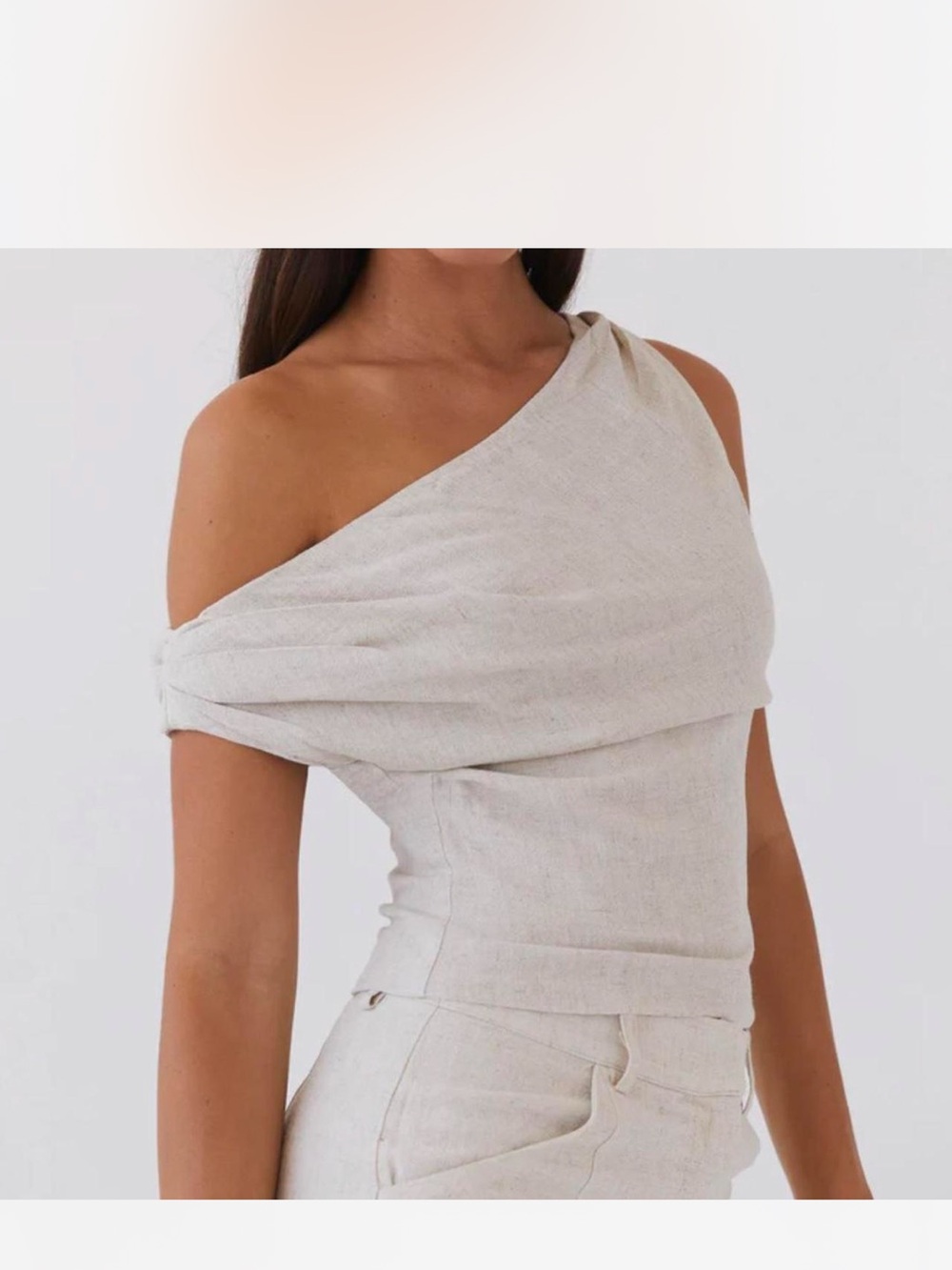 Peppermayo One-Shoulder Drape Top in Natural Beige